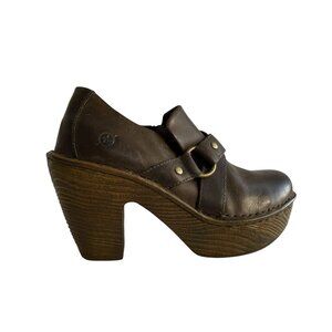 Born Onega Chunky Clogs Block Heels Harness Strap Brown Leather Womens 6